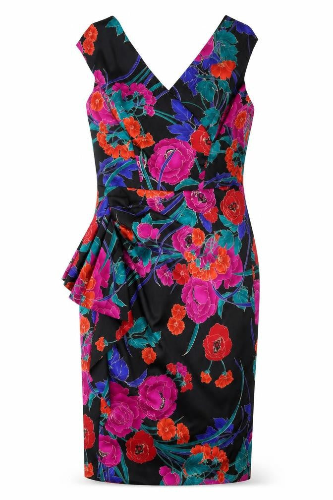 Debenhams Womens Multicoloured Floral Polyester Pencil Dress Size 14 V-Neck Zip