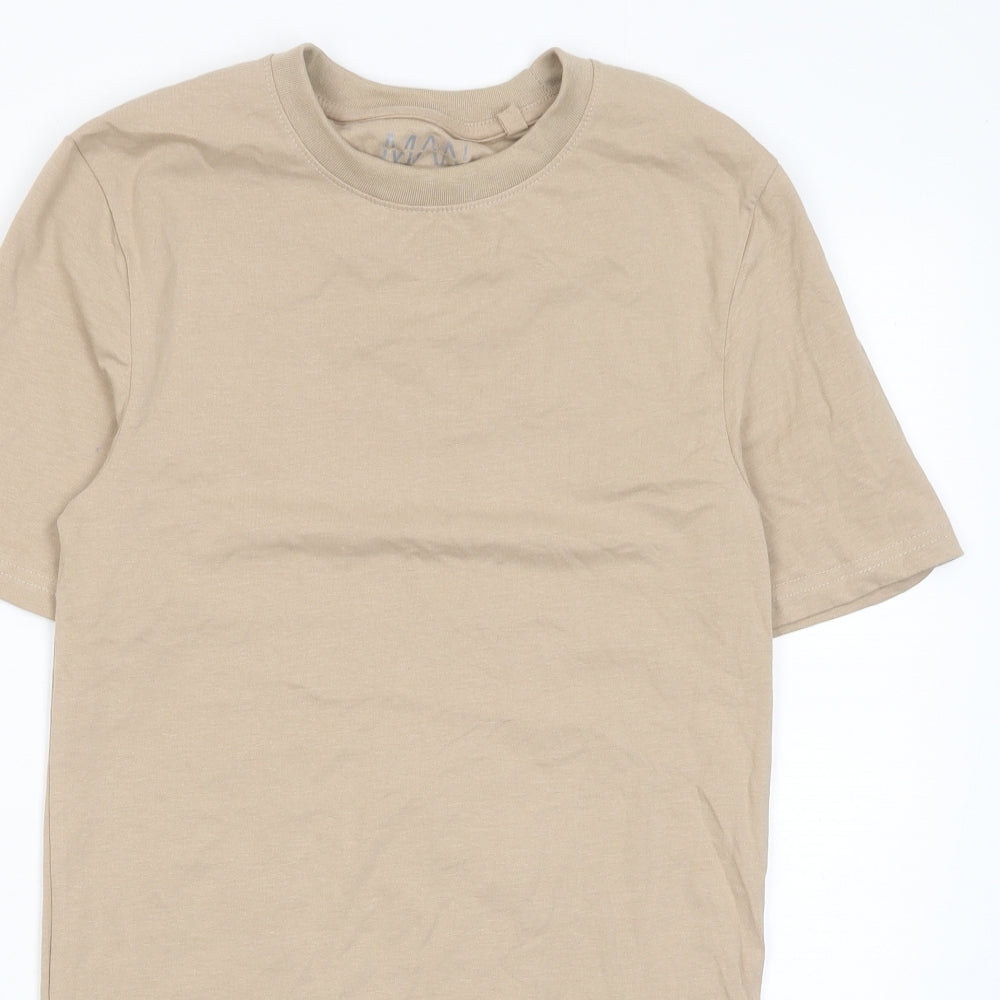 Boohoo Mens Beige Cotton T-Shirt Size S Crew Neck