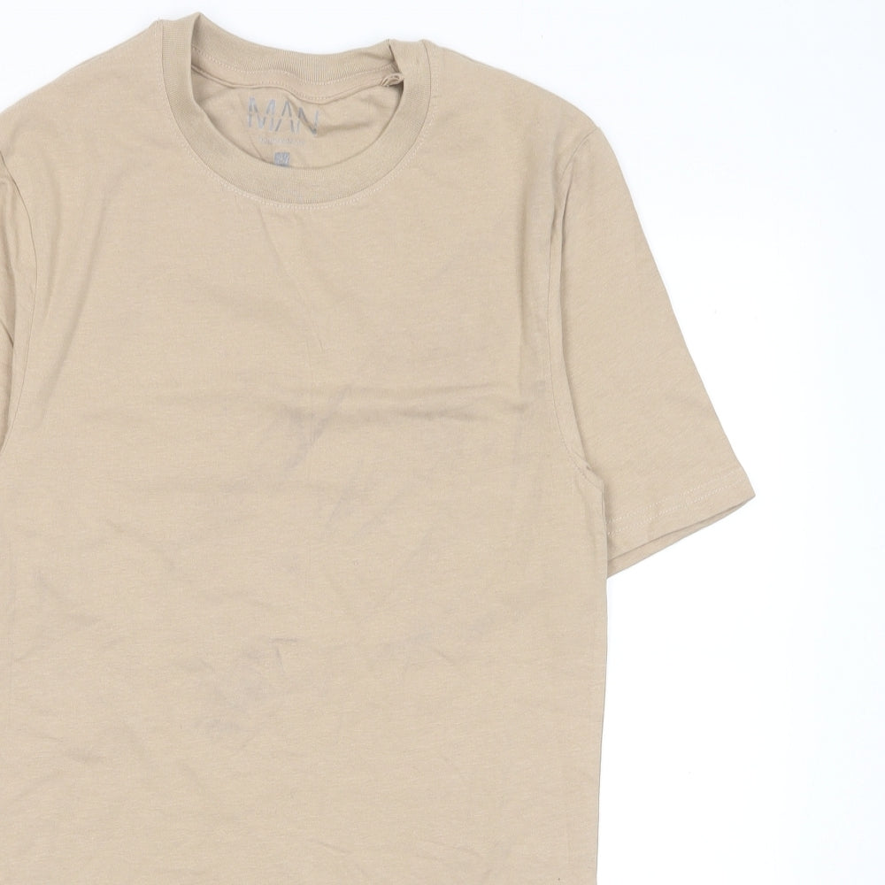 Boohoo Mens Beige Cotton T-Shirt Size S Crew Neck