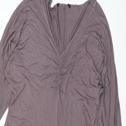Close-up detail of ASOS women’s brown viscose a-line, size UK 8, v-neck pullover