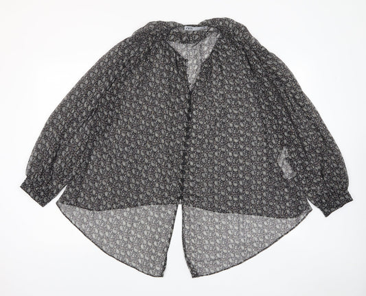 Zara Womens Black Fair Isle Polyester Basic Button-Up Size S V-Neck