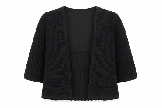 Front view of French Connection women’s black v-neck cotton cardigan jumper, size S, - pleated, open