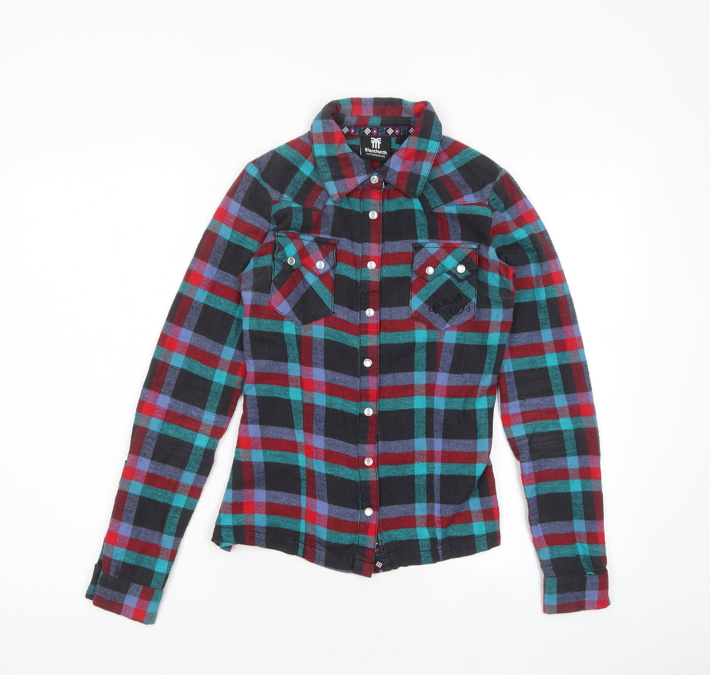 Fenchurch Womens Multicoloured Plaid Cotton Basic Button-Up Size 2XS Collared - Logo, Embroided