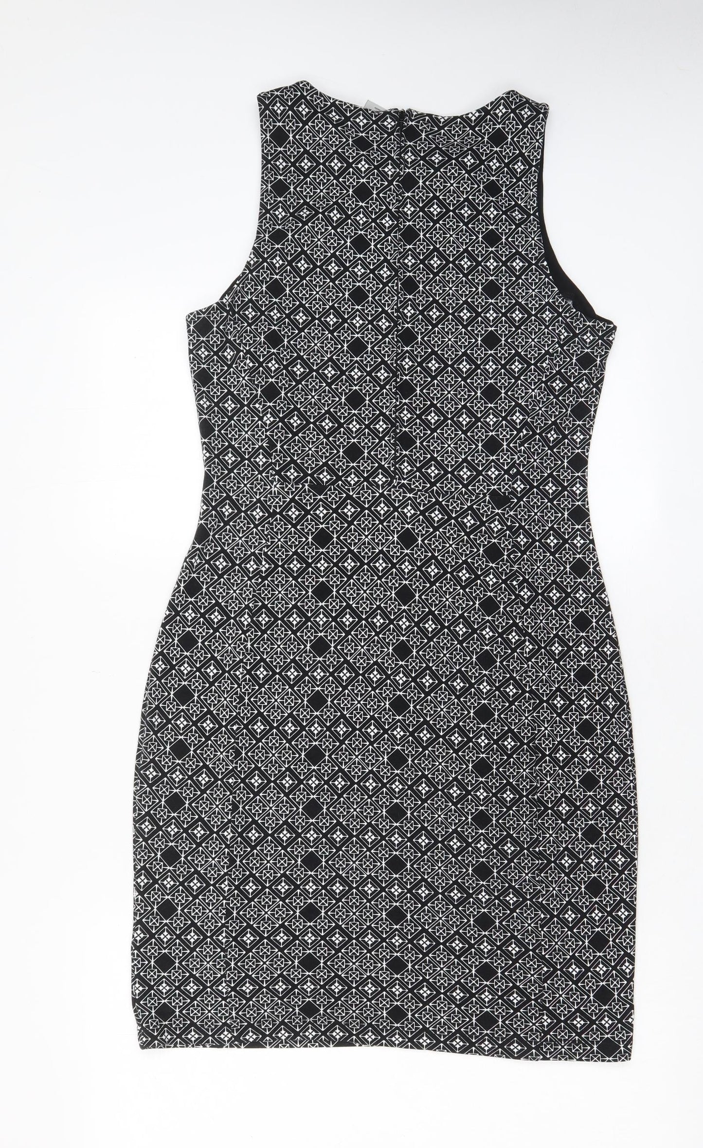 H&M Womens Black Argyle/Diamond Polyester Bodycon Size M Crew Neck Zip - Lined