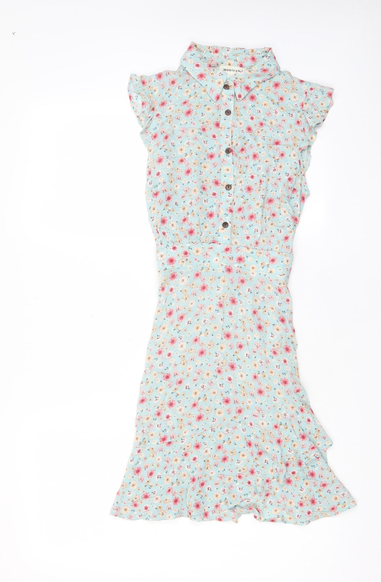 Monteau Womens Blue Floral Viscose A-Line Size S Collared Button - Belted