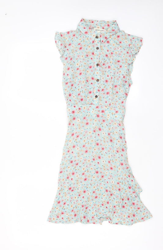 Monteau Womens Blue Floral Viscose A-Line Size S Collared Button - Belted