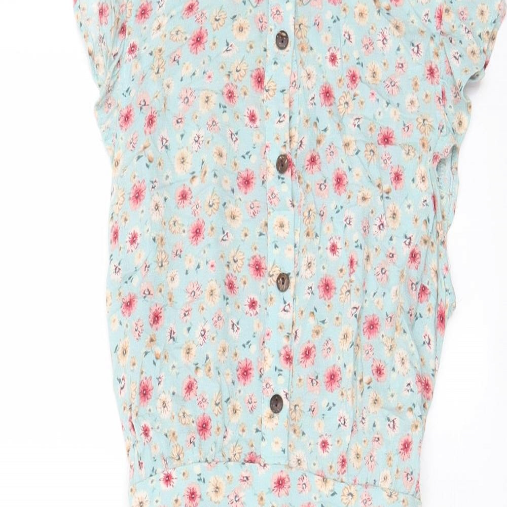 Monteau Womens Blue Floral Viscose A-Line Size S Collared Button - Belted