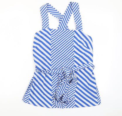 Marks & Spencer Womens Blue Striped Cotton Basic Tank Size 10 Square Neck - Tie Front