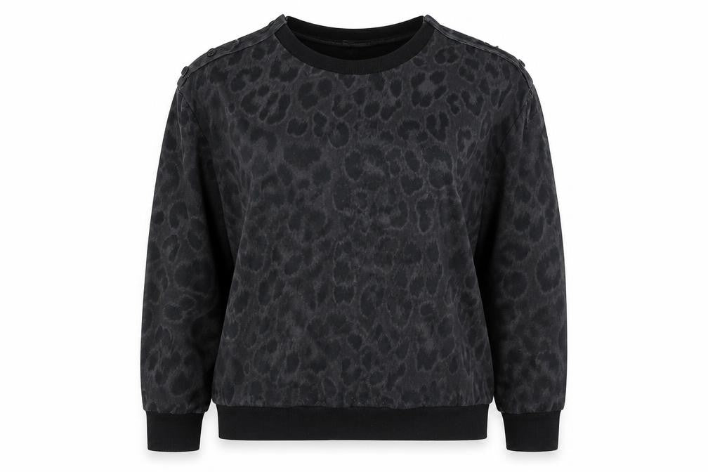 Euromoda Womens Grey Animal Print Polyester Pullover Sweatshirt Size XL Pullover - Leopard Print, Button Detail