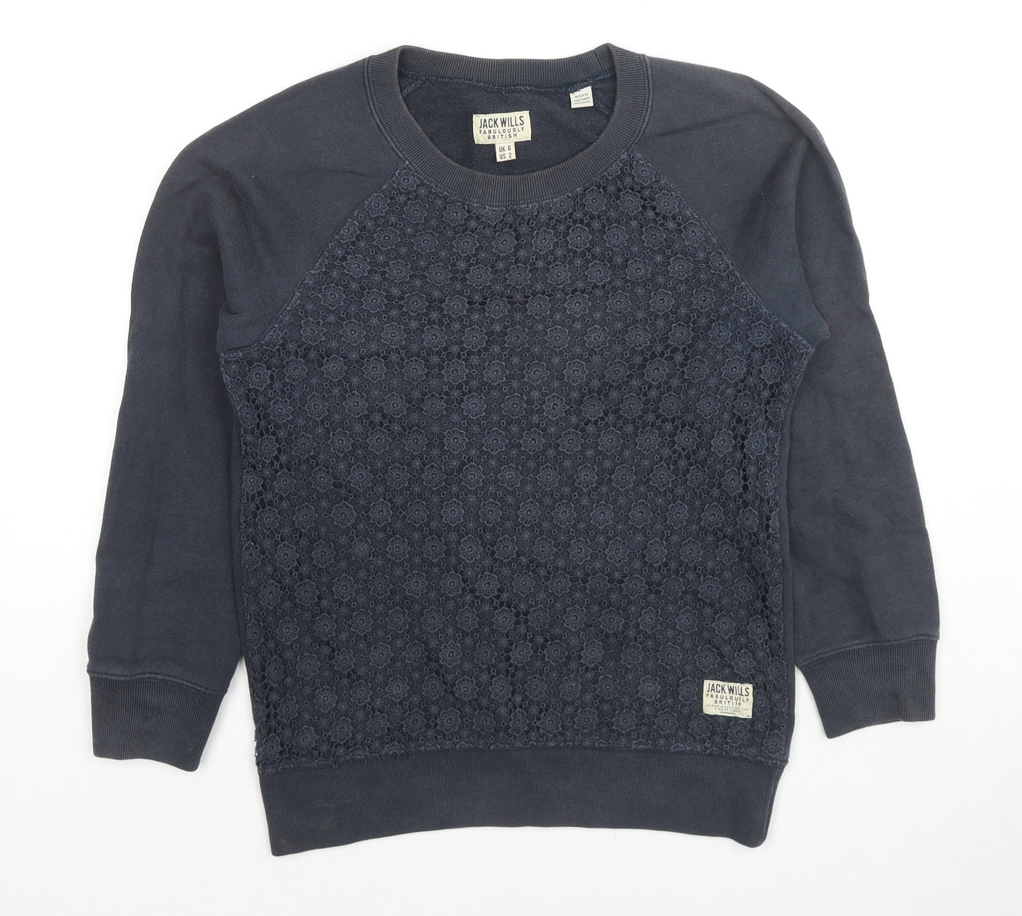 Jack Wills Womens Black Floral Cotton Pullover Sweatshirt Size 6 Pullover - Lace Detail