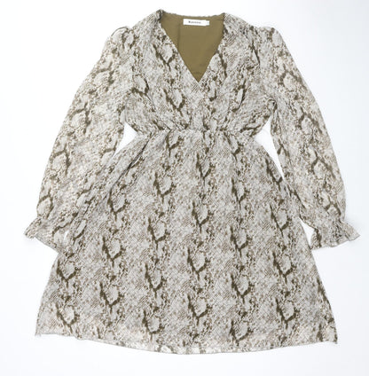 Kaycee Womens Beige Animal Print Polyester Fit & Flare Size L V-Neck Pullover - Snake Pattern