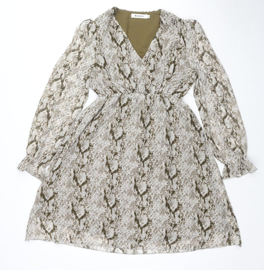 Kaycee Womens Beige Animal Print Polyester Fit & Flare Size L V-Neck Pullover - Snake Pattern
