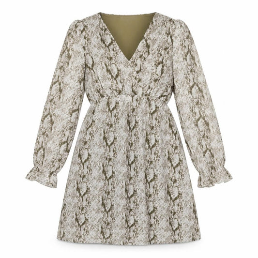 Kaycee Womens Beige Animal Print Polyester Fit & Flare Size L V-Neck Pullover - Snake Pattern