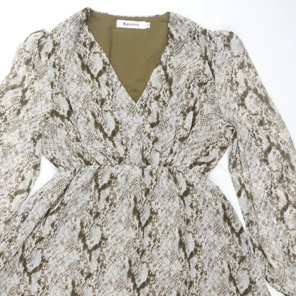 Kaycee Womens Beige Animal Print Polyester Fit & Flare Size L V-Neck Pullover - Snake Pattern