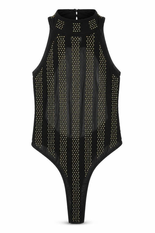 Front view of ASOS women’s black nylon playsuit one-piece, size UK 8, snap - embellishment detail open back