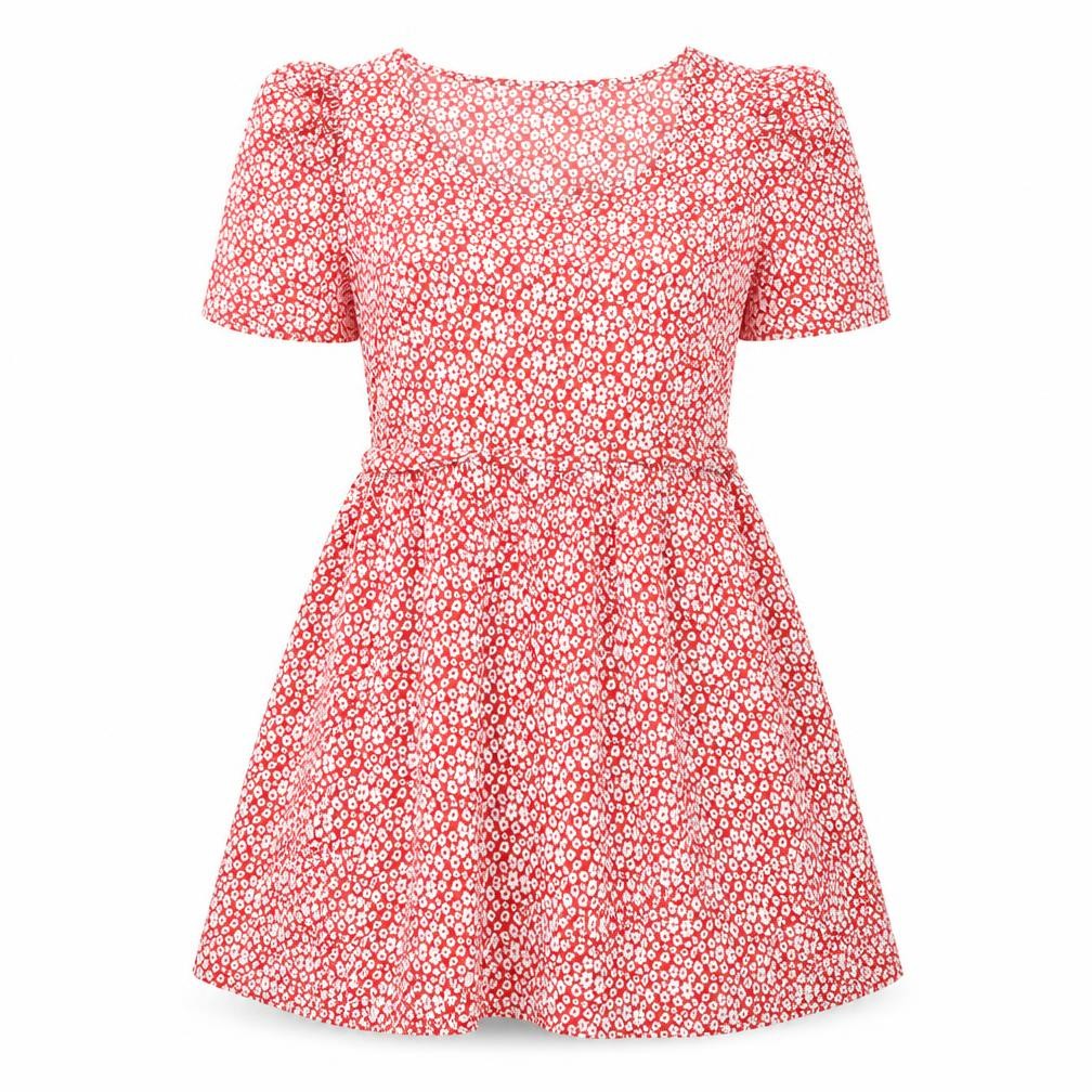 Boohoo Womens Red Floral Polyester Trapeze & Swing Size 10 Square Neck Pullover