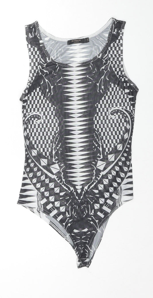 In Vogue Paris Womens Black Geometric Polyester Bodysuit One-Piece Size S Snap - Size S/M