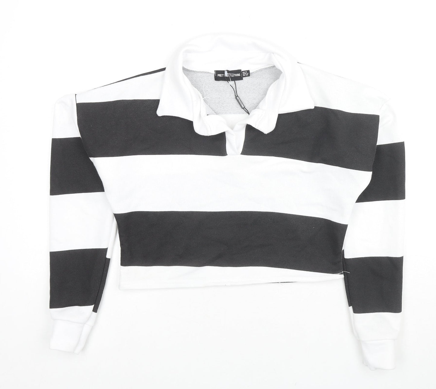 PRETTYLITTLETHING Womens White Striped Cotton Pullover Sweatshirt Size 8 Pullover - Cropped