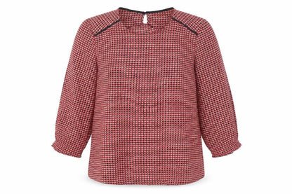 Front view of Dunnes women’s red geometric polyester basic blouse, size XS, round neck