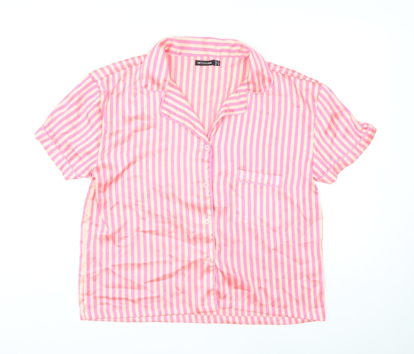PRETTYLITTLETHING Womens Pink Striped Polyester Top Pyjama Top Size 14 Button