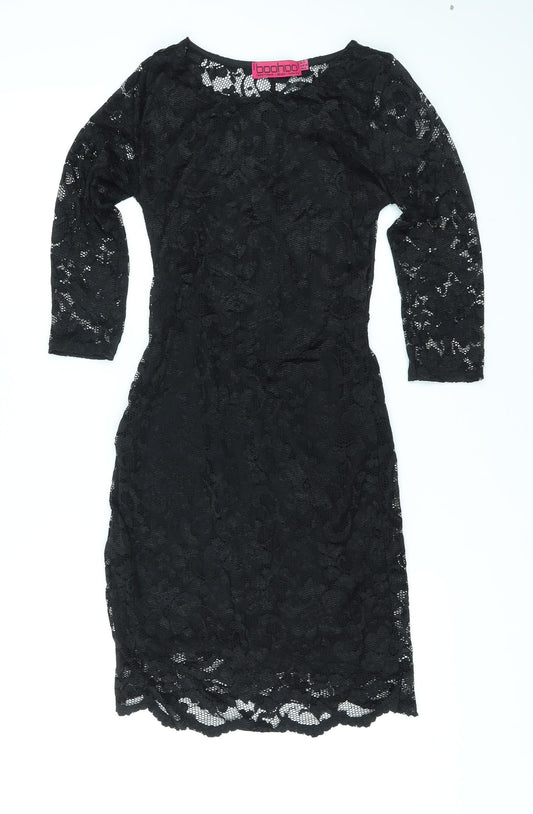 Boohoo Womens Black Floral Nylon Bodycon Size 8 Round Neck Pullover - Backless, Lace