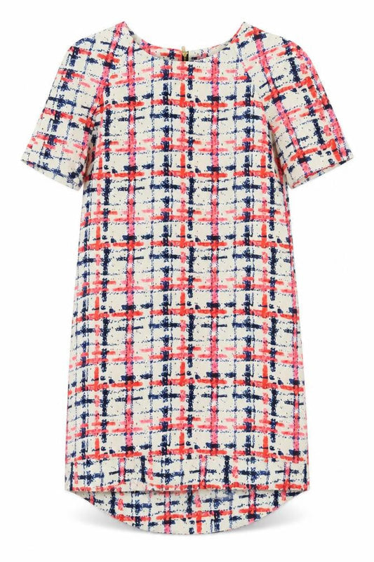 Neon Rose Womens Ivory Plaid Polyester T-Shirt Dress Size 12 Round Neck Zip