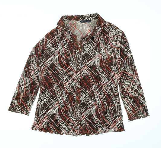 BHS Womens Brown Geometric Polyester Basic Button-Up Size 16 Collared
