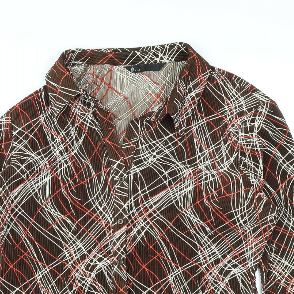 BHS Womens Brown Geometric Polyester Basic Button-Up Size 16 Collared
