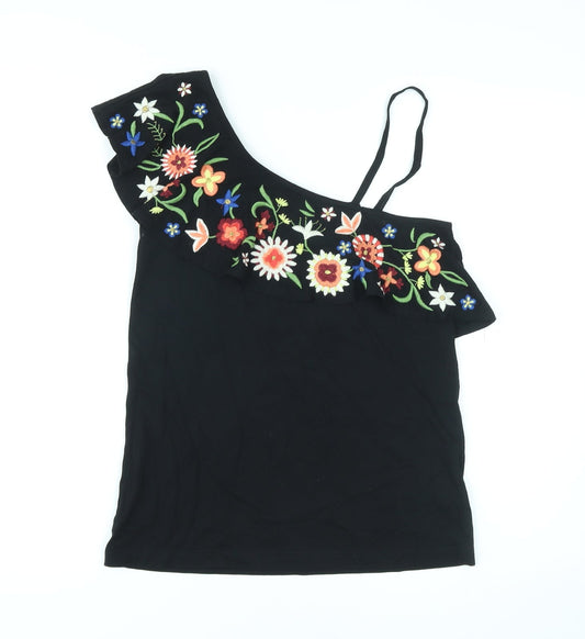 NEXT Womens Black Floral Cotton Basic Tank Size 6 One Shoulder - Embroidery