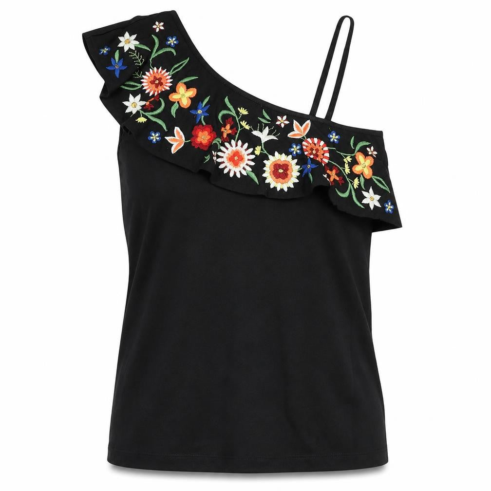 NEXT Womens Black Floral Cotton Basic Tank Size 6 One Shoulder - Embroidery