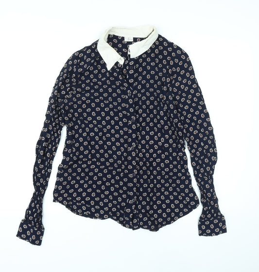 Cooperative Womens Blue Paisley Viscose Basic Button-Up Size S Collared