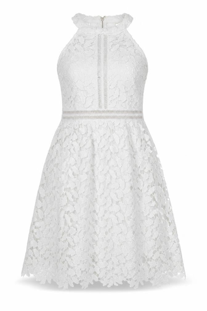 Danity Womens White Geometric Polyester A-Line Size L Halter Zip - Crochet