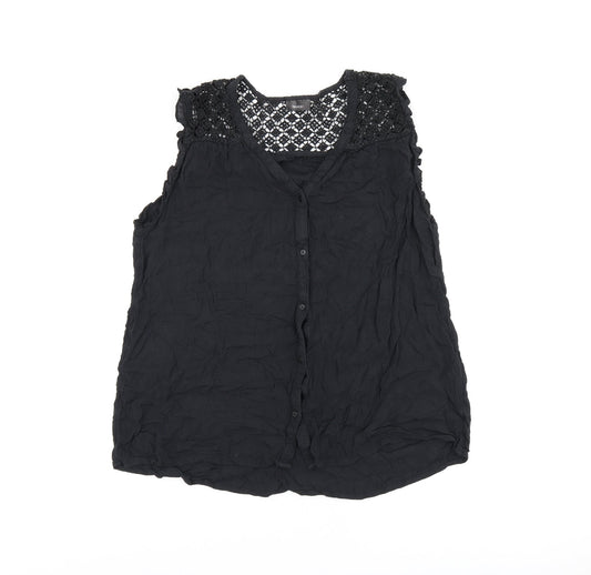 Yessica Womens Black Cotton Basic Button-Up Size 14 V-Neck