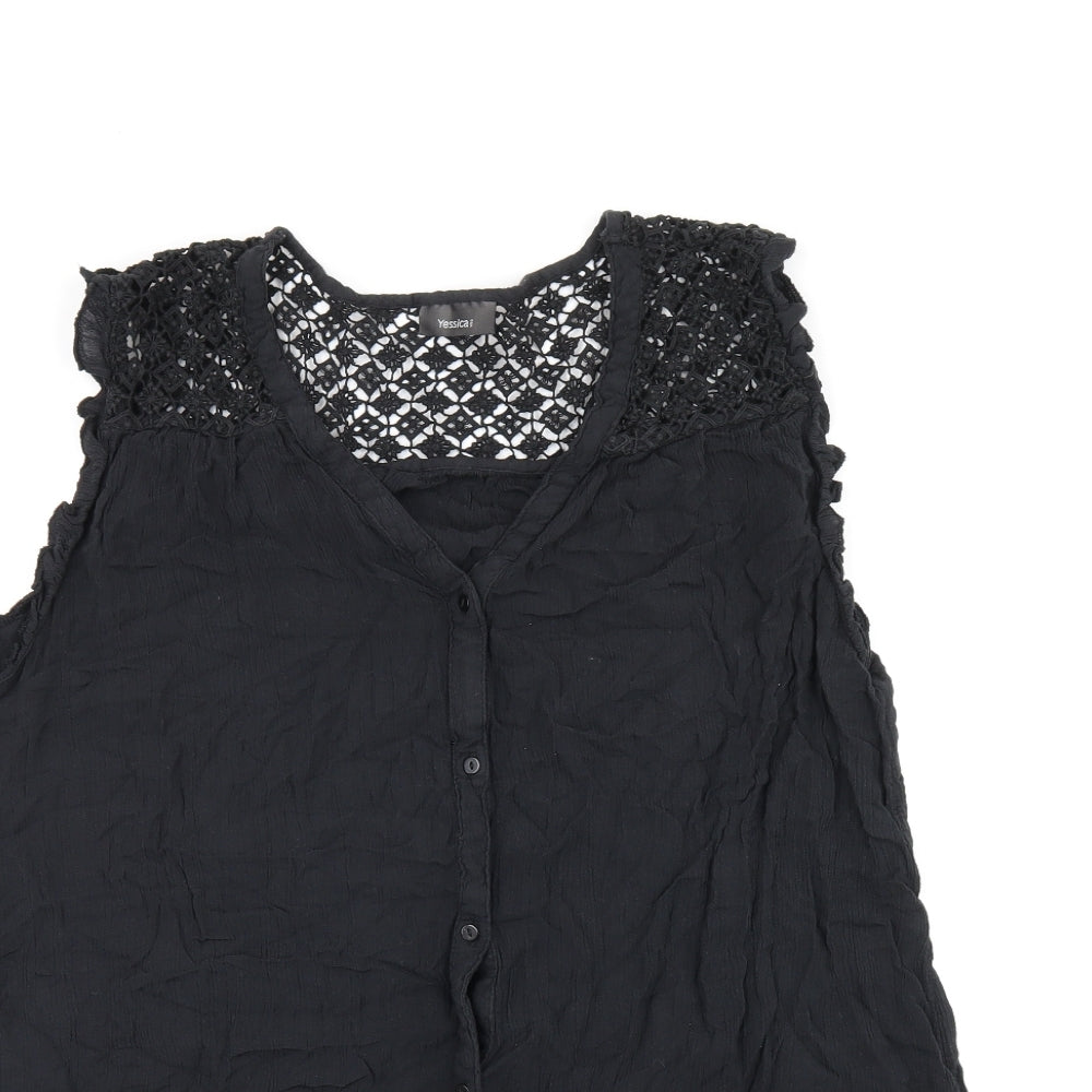 Yessica Womens Black Cotton Basic Button-Up Size 14 V-Neck