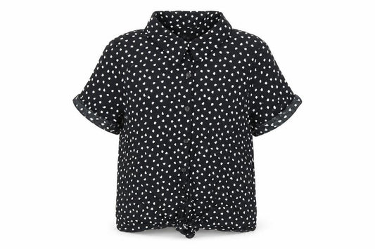Front view of M&Co girls’ black geometric viscose basic button-up, size 12, years collared button - heart print