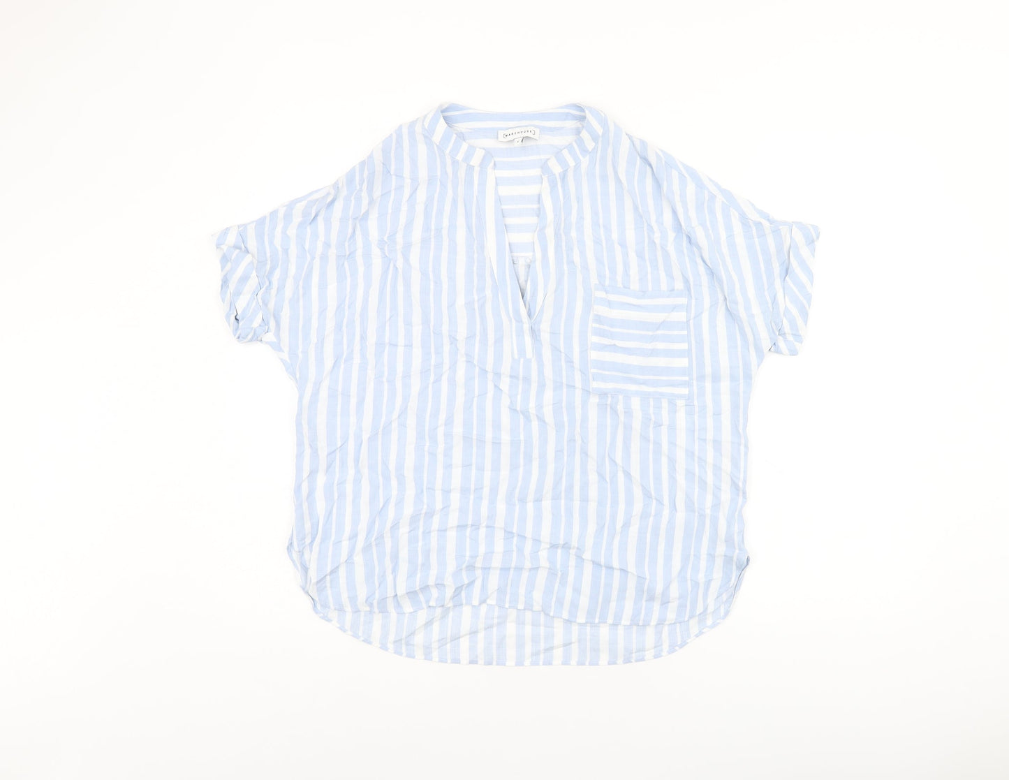 Warehouse Womens Blue Striped Viscose Basic T-Shirt Size 6 V-Neck