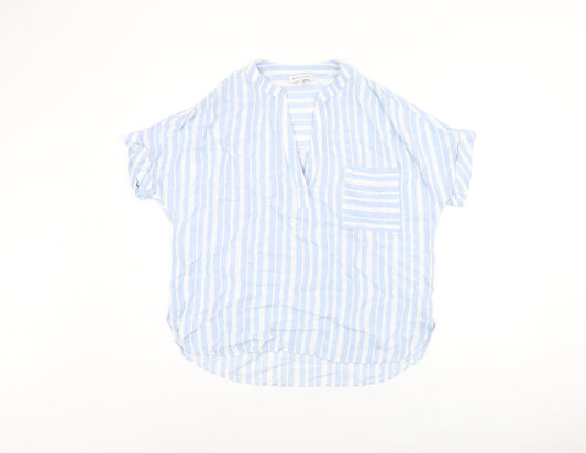 Warehouse Womens Blue Striped Viscose Basic T-Shirt Size 6 V-Neck