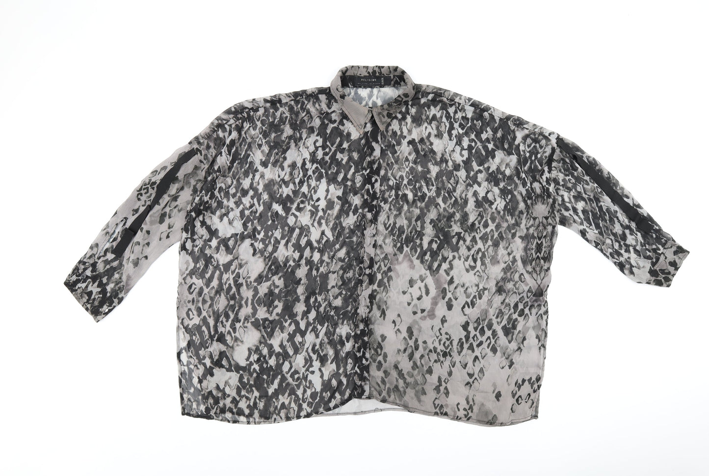Religion Womens Grey Geometric Polyester Basic Button-Up Size 8 Collared