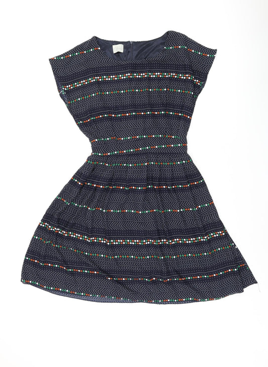 Instant Vintage Womens Blue Geometric Polyester Skater Dress One Size Boat Neck Zip