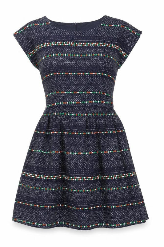 Instant Vintage Womens Blue Geometric Polyester Skater Dress One Size Boat Neck Zip