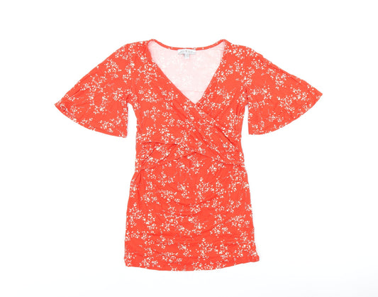 Envie de Fraise Womens Red Floral Polyester Basic T-Shirt Size 6 V-Neck - Size 6/8