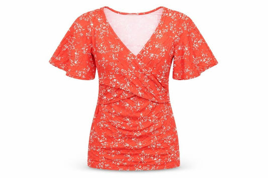 Envie de Fraise Womens Red Floral Polyester Basic T-Shirt Size 6 V-Neck - Size 6/8