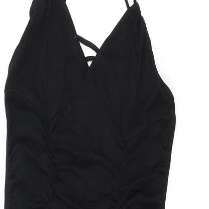 Close-up detail of ASOS women’s black polyester bodycon, size UK 10, v-neck pullover