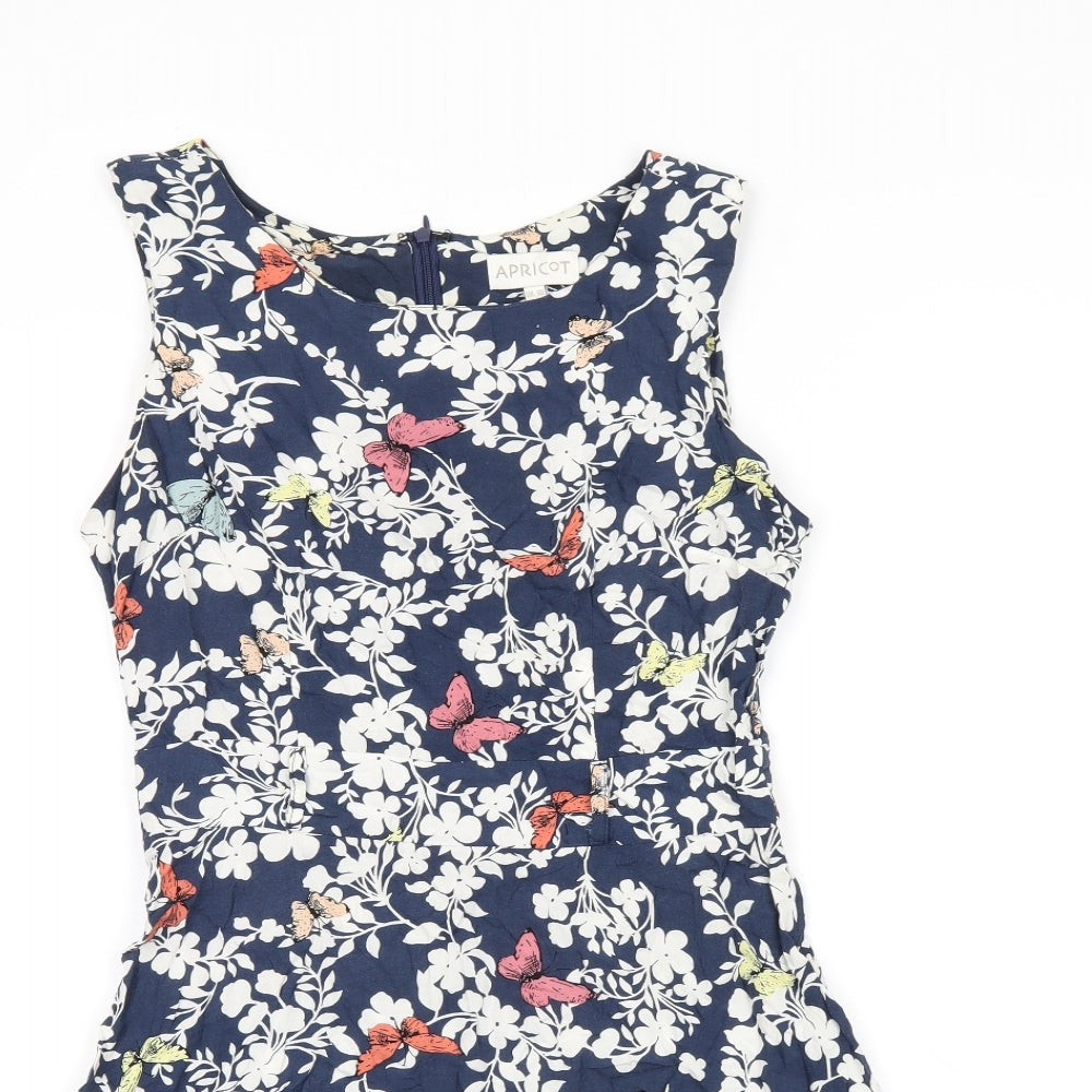 Apricot Womens Blue Floral Viscose Sheath Size 10 Boat Neck Zip - Butterfly Print