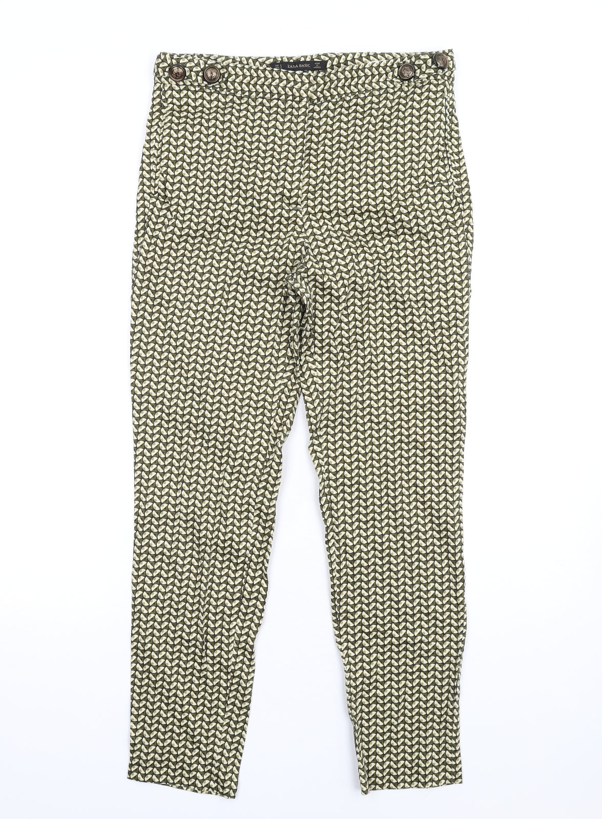 Zara Womens Green Geometric Polyester Trousers Size M L29 in Regular Zip