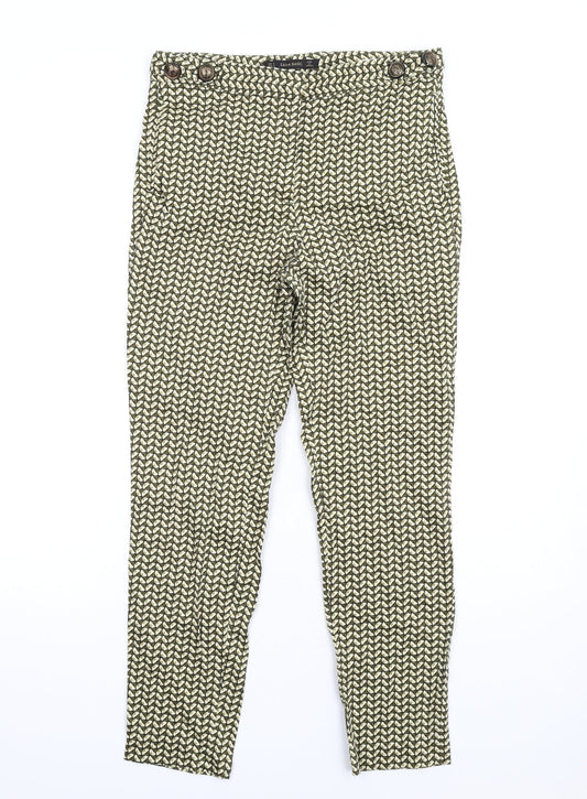 Zara Womens Green Geometric Polyester Trousers Size M L29 in Regular Zip