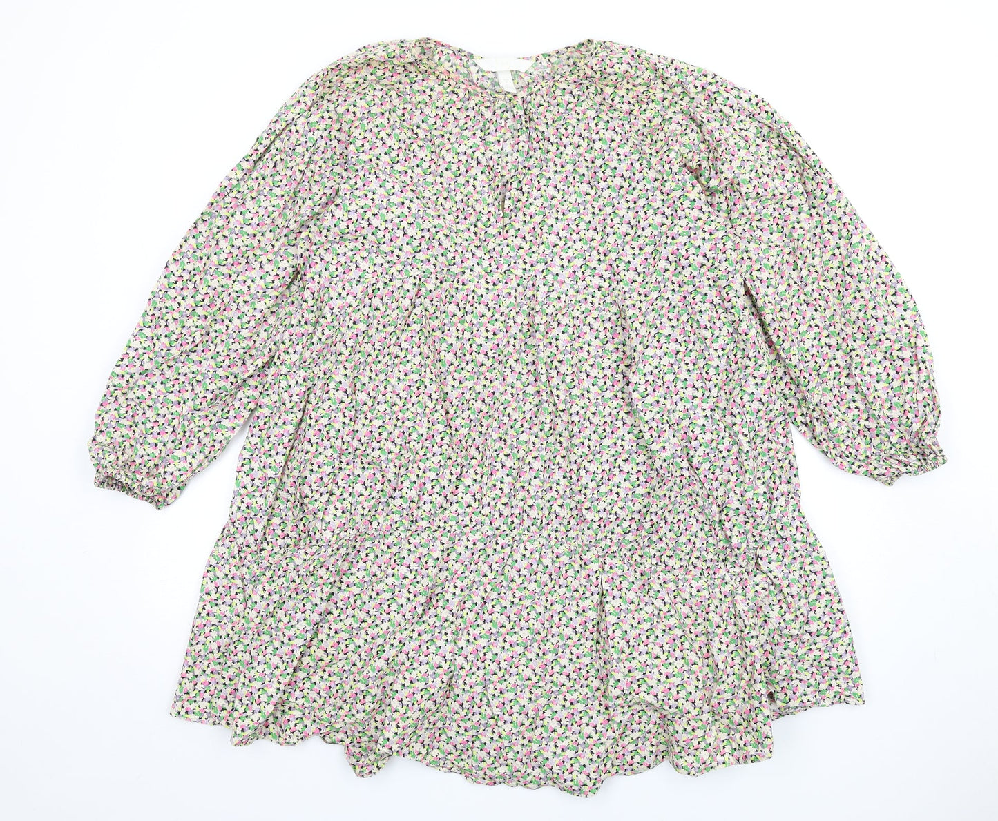 H&M Womens Multicoloured Floral Cotton Trapeze & Swing Size M Round Neck Button