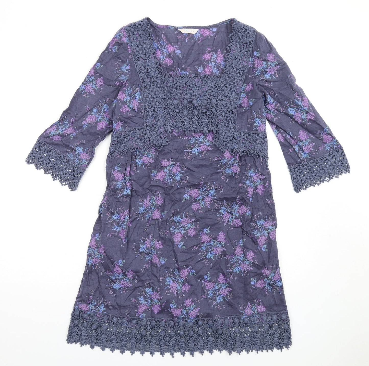 Indigo Womens Blue Floral Cotton A-Line Size 10 Square Neck Pullover