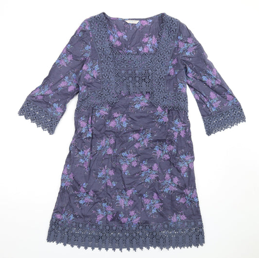 Indigo Womens Blue Floral Cotton A-Line Size 10 Square Neck Pullover