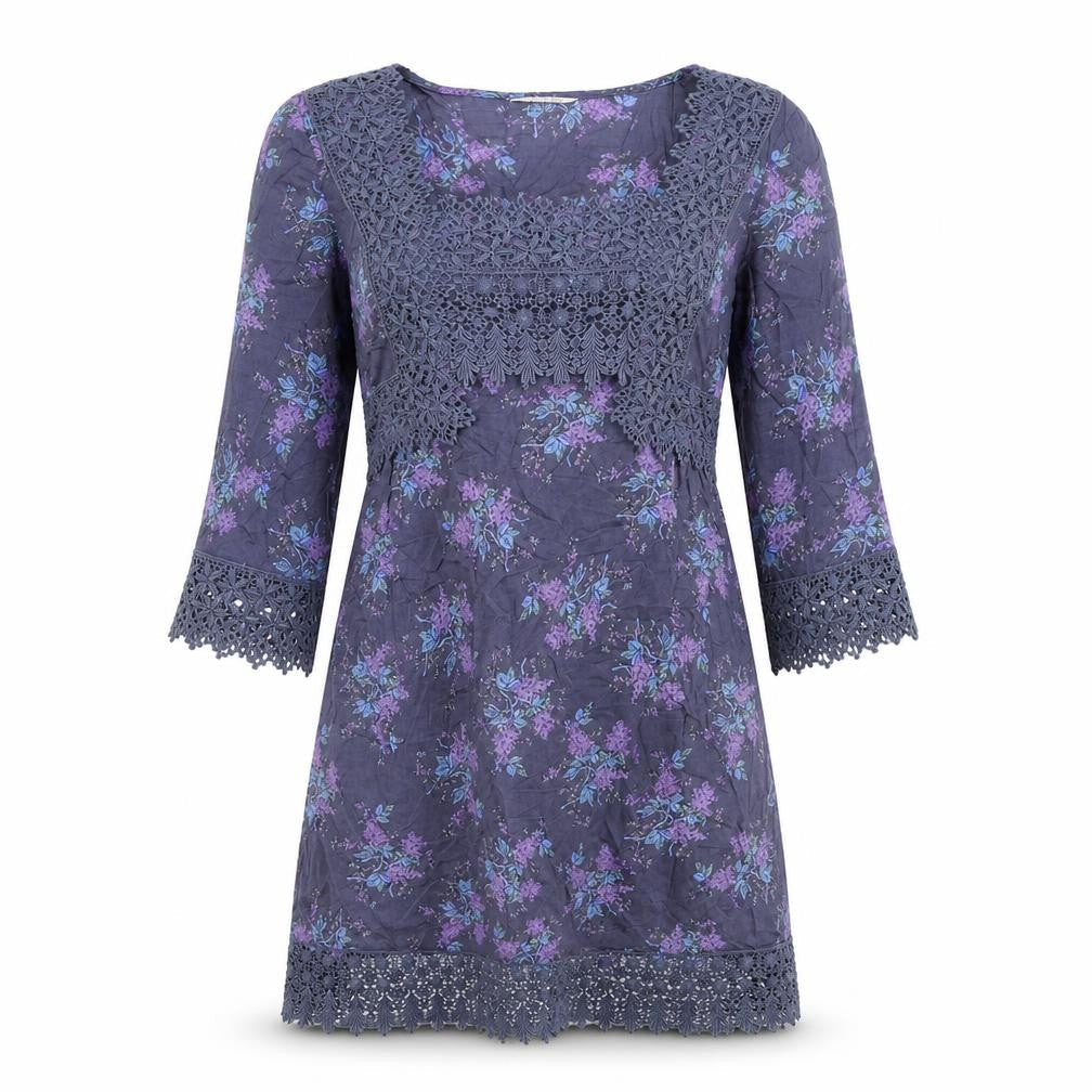 Indigo Womens Blue Floral Cotton A-Line Size 10 Square Neck Pullover